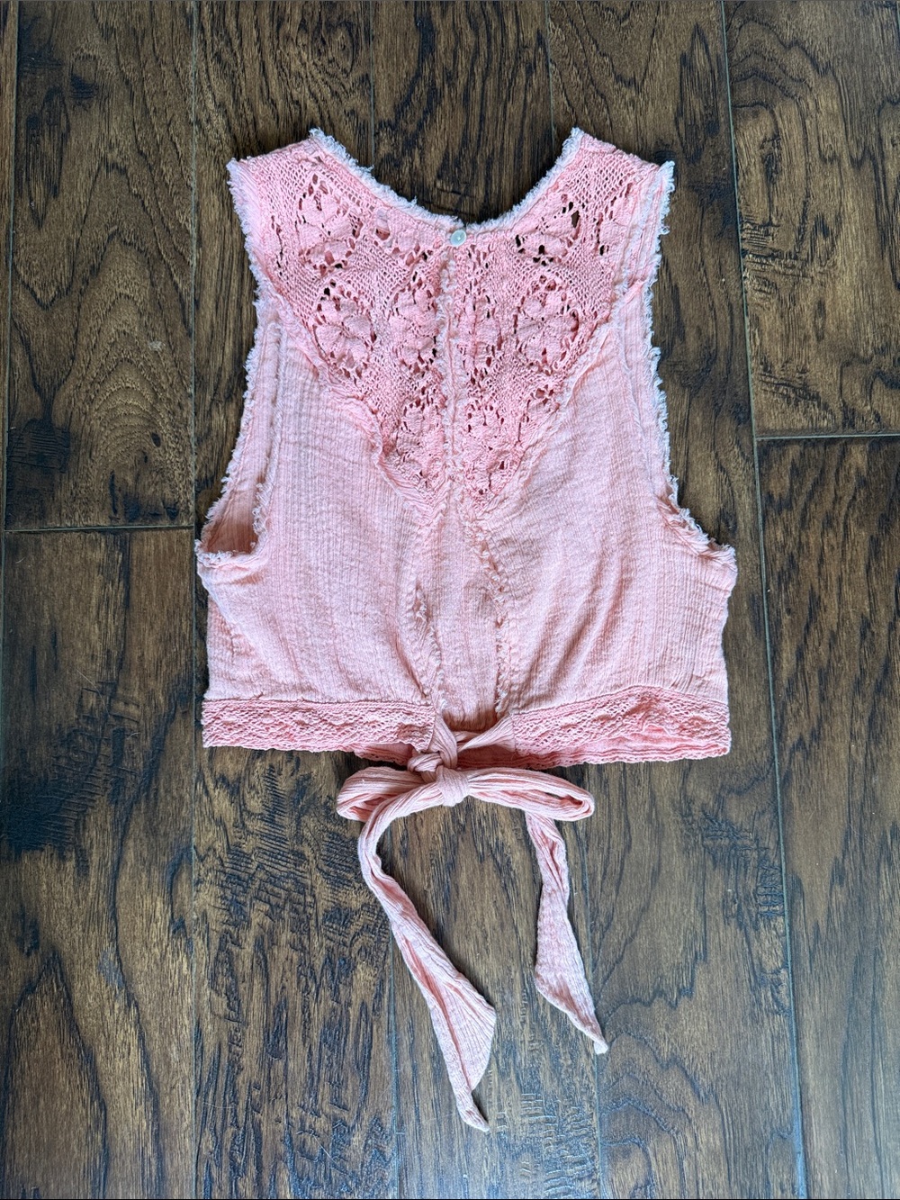 Free People Women’s croppedPink Crochet and Gauzy Open Tie-Back Tank Top, XS